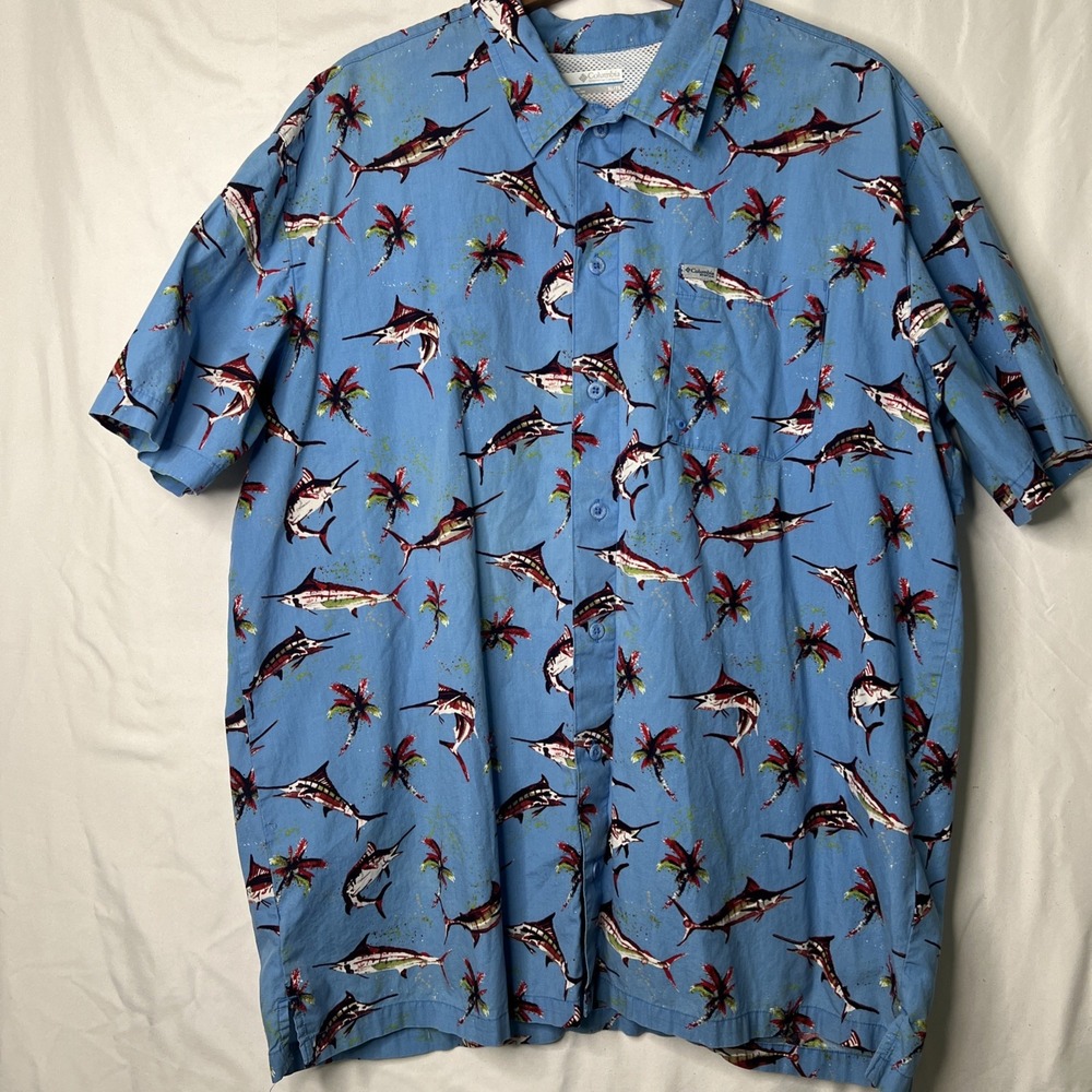 Columbia‎ Shirt Mens X-Large Blue PFG Marlin Fishing Short Sleeve Button Up
